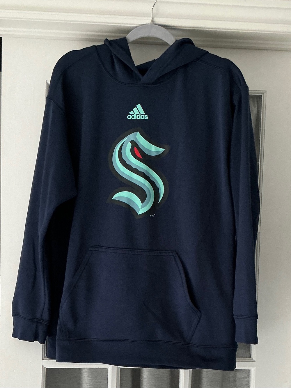 adidas Navy Pullover Hoodie with Teal Logo and Red Accent